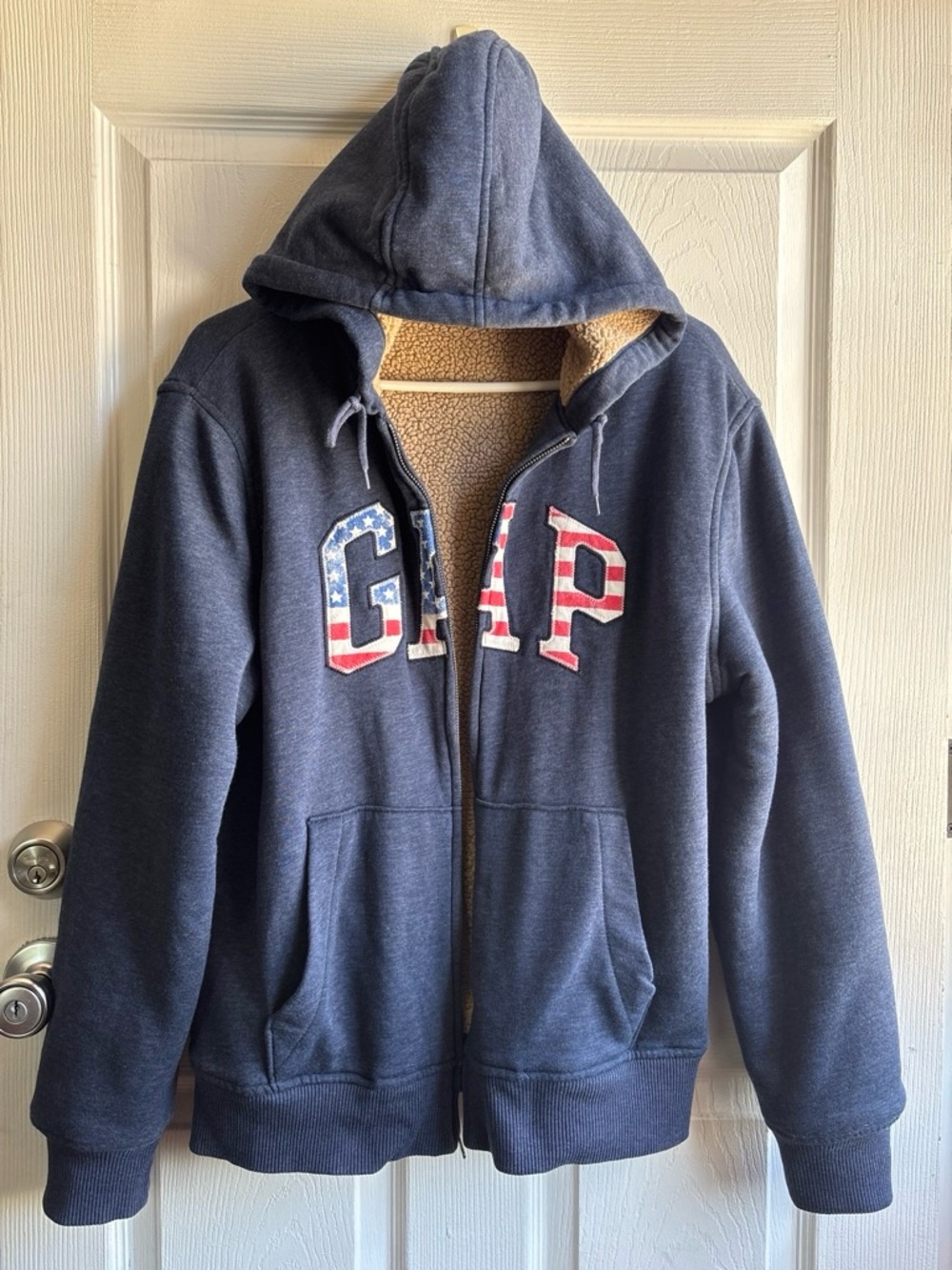 GAP Blue Full Zip Hoodie Sherpa Lined USA Flag Graphic Size M